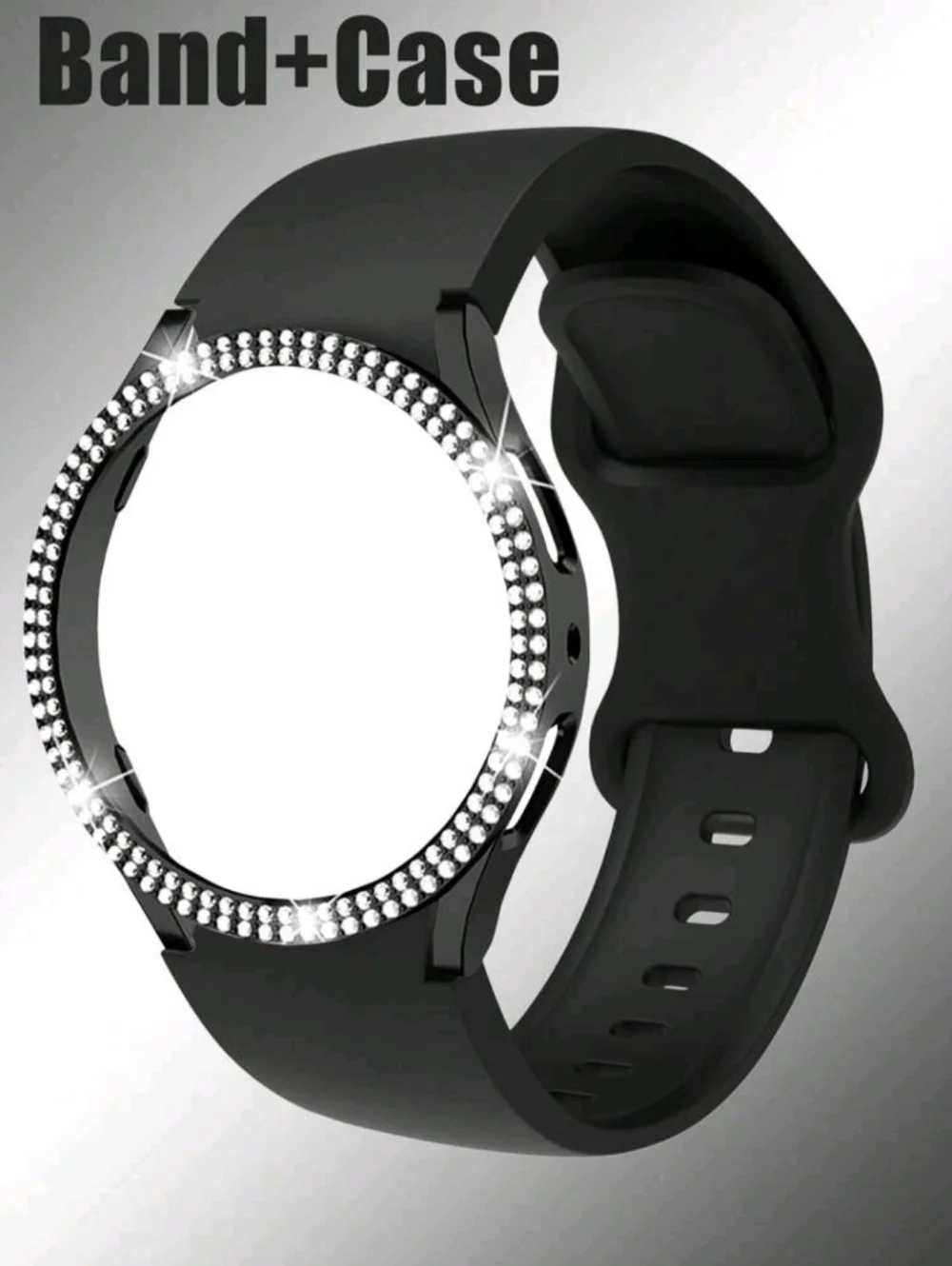 2 Pc. Samsung Galaxy Watch 4/5 44mm Black Rhinestone Case & Silicone Band